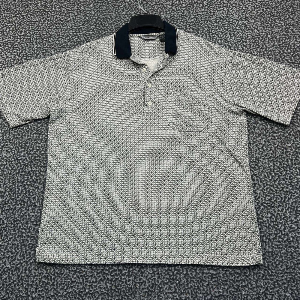 David Taylor Men Large Polo Shirt Blue White Geometric Print Short Sleeve Pocket